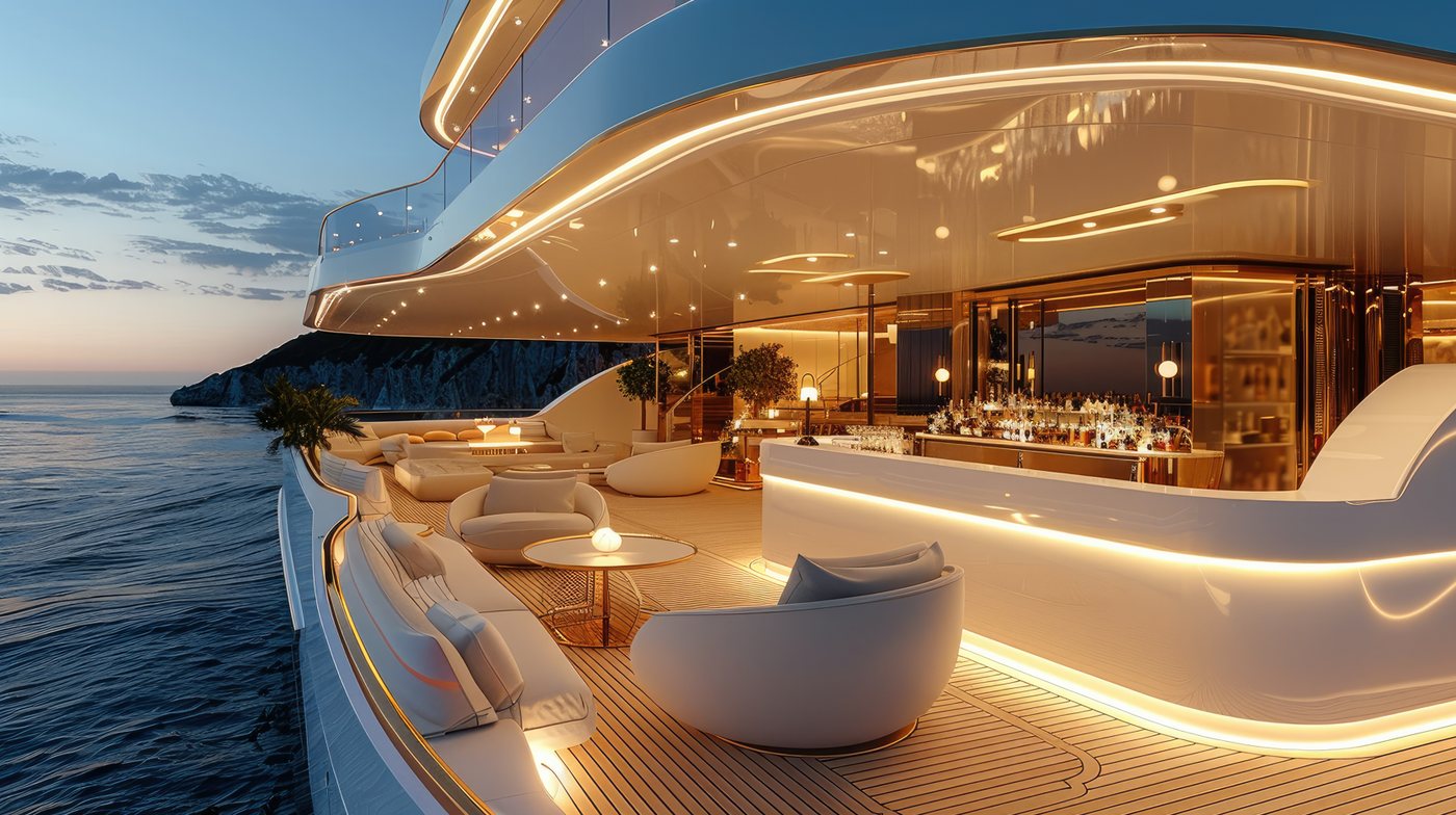 Luxury yacht deck and lounge finishing at sunset